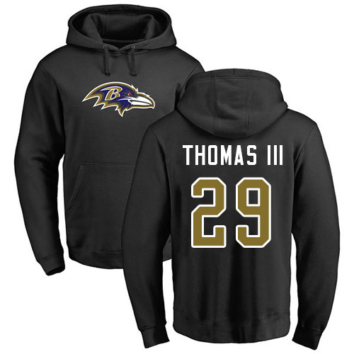 Men Baltimore Ravens Black Earl Thomas III Name and Number Logo NFL Football #29 Pullover Hoodie Sweatshirt->nfl t-shirts->Sports Accessory